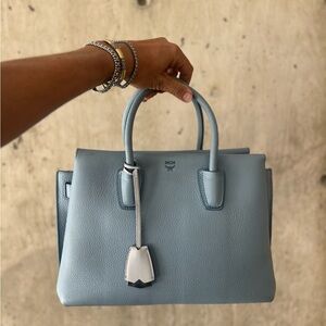 MCM Light Blue Leather Satchel